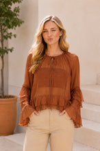 Load image into Gallery viewer, Sew in Love Sheer Ruffle Trim Tie-Front Chiffon Blouse in Brick
