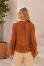 Load image into Gallery viewer, Sew in Love Sheer Ruffle Trim Tie-Front Chiffon Blouse in Brick
