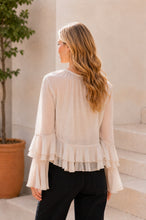 Load image into Gallery viewer, Sew in Love Sheer Ruffle Trim Tie-Front Chiffon Blouse in Oatmeal
