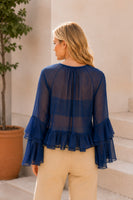 Sew in Love Sheer Ruffle Trim Tie-Front Chiffon Blouse in Denim