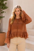 Sew in Love Sheer Ruffle Trim Tie-Front Chiffon Blouse in Brick
