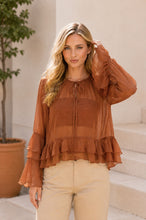 Load image into Gallery viewer, Sew in Love Sheer Ruffle Trim Tie-Front Chiffon Blouse in Brick
