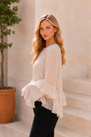 Sew in Love Sheer Ruffle Trim Tie-Front Chiffon Blouse in Oatmeal