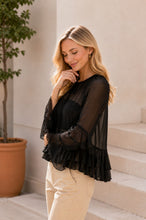 Load image into Gallery viewer, Sew in Love Sheer Ruffle Trim Tie-Front Chiffon Blouse in Black
