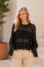 Load image into Gallery viewer, Sew in Love Sheer Ruffle Trim Tie-Front Chiffon Blouse in Black
