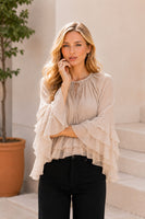 Sew in Love Sheer Ruffle Trim Tie-Front Chiffon Blouse in Oatmeal