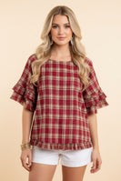 Heimish Plaid Ruffle Sleeve Relaxed Fit Blouse in Red