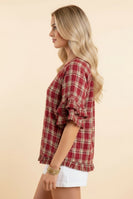 Heimish Plaid Ruffle Sleeve Relaxed Fit Blouse in Red