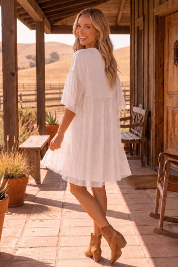 Sew in Love Relaxed Fit Graphic Mini Dress With Ruffle Sleeve in Ivory