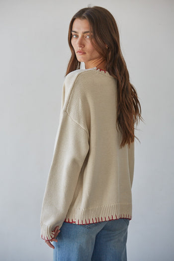 By Together Contrast Stitch Flag Sweater in Natural