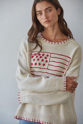 By Together Contrast Stitch Flag Sweater in Natural