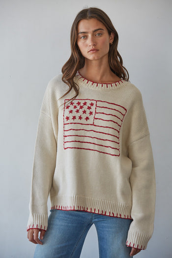 By Together Contrast Stitch Flag Sweater in Natural