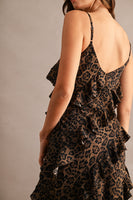 MABLE Leopard Asymmetrical Ruffle Tiered Maxi Dress in Leopard