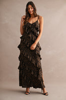 MABLE Leopard Asymmetrical Ruffle Tiered Maxi Dress in Leopard