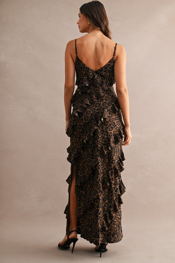 MABLE Leopard Asymmetrical Ruffle Tiered Maxi Dress in Leopard