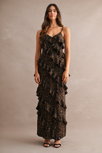 MABLE Leopard Asymmetrical Ruffle Tiered Maxi Dress in Leopard