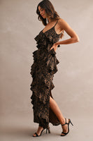 MABLE Leopard Asymmetrical Ruffle Tiered Maxi Dress in Leopard