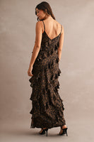 MABLE Leopard Asymmetrical Ruffle Tiered Maxi Dress in Leopard