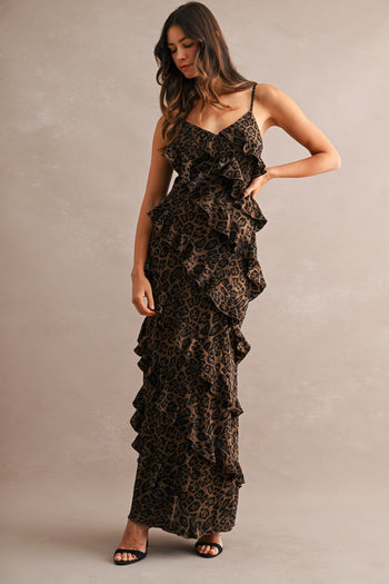 MABLE Leopard Asymmetrical Ruffle Tiered Maxi Dress in Leopard