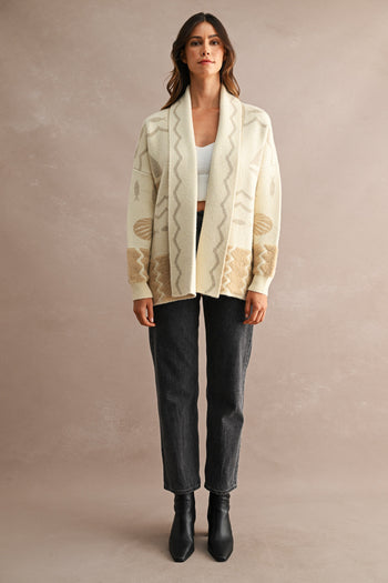 MABLE Open Front Knit Coastal Pattern Print Long Sleeve Cardigan in Cream Multi