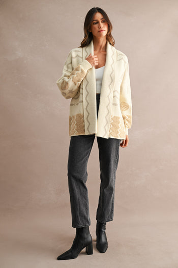 MABLE Open Front Knit Coastal Pattern Print Long Sleeve Cardigan in Cream Multi