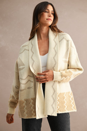 MABLE Open Front Knit Coastal Pattern Print Long Sleeve Cardigan in Cream Multi