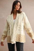 MABLE Open Front Knit Coastal Pattern Print Long Sleeve Cardigan in Cream Multi