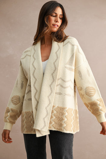 MABLE Open Front Knit Coastal Pattern Print Long Sleeve Cardigan in Cream Multi