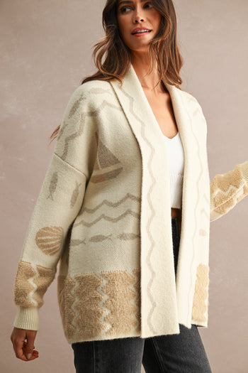 MABLE Open Front Knit Coastal Pattern Print Long Sleeve Cardigan in Cream Multi