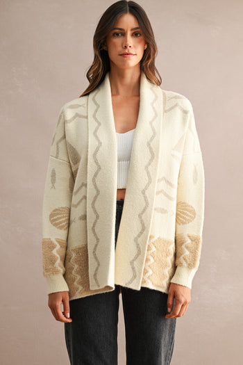 MABLE Open Front Knit Coastal Pattern Print Long Sleeve Cardigan in Cream Multi