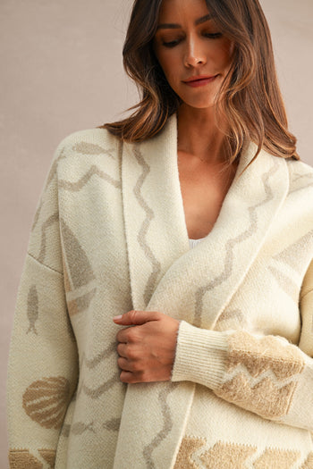 MABLE Open Front Knit Coastal Pattern Print Long Sleeve Cardigan in Cream Multi