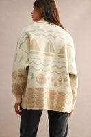 MABLE Open Front Knit Coastal Pattern Print Long Sleeve Cardigan in Cream Multi