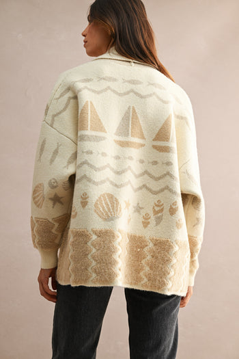 MABLE Open Front Knit Coastal Pattern Print Long Sleeve Cardigan in Cream Multi