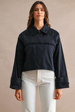 Load image into Gallery viewer, MABLE Solid Ruffle Trim Collar Button Down CROPPED Trench Jacket in Navy
