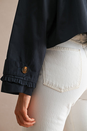 MABLE Solid Ruffle Trim Collar Button Down CROPPED Trench Jacket in Navy
