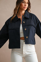 MABLE Solid Ruffle Trim Collar Button Down CROPPED Trench Jacket in Navy