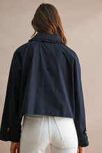 Load image into Gallery viewer, MABLE Solid Ruffle Trim Collar Button Down CROPPED Trench Jacket in Navy
