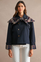 MABLE Reversible Detachable Plaid Cape Scarf Button Down Jacket in Navy