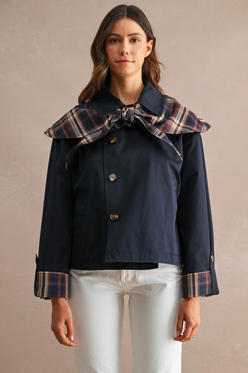 MABLE Reversible Detachable Plaid Cape Scarf Button Down Jacket in Navy