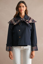 Load image into Gallery viewer, MABLE Reversible Detachable Plaid Cape Scarf Button Down Jacket in Navy
