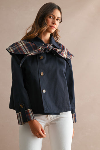 MABLE Reversible Detachable Plaid Cape Scarf Button Down Jacket in Navy