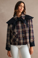 MABLE Reversible Detachable Plaid Cape Scarf Button Down Jacket in Navy