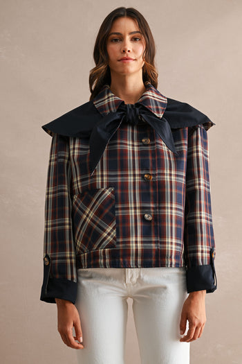 MABLE Reversible Detachable Plaid Cape Scarf Button Down Jacket in Navy