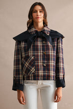 Load image into Gallery viewer, MABLE Reversible Detachable Plaid Cape Scarf Button Down Jacket in Navy
