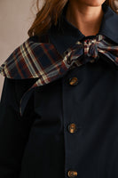 MABLE Reversible Detachable Plaid Cape Scarf Button Down Jacket in Navy