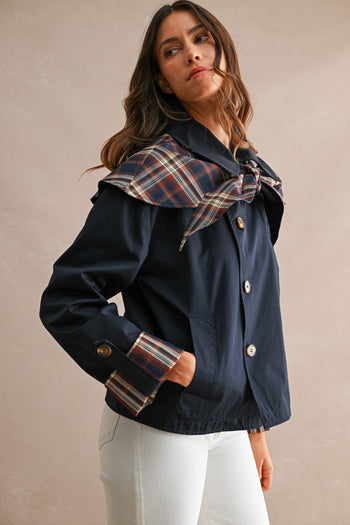 MABLE Reversible Detachable Plaid Cape Scarf Button Down Jacket in Navy
