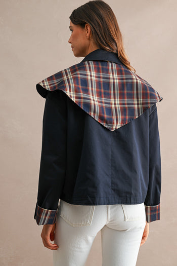 MABLE Reversible Detachable Plaid Cape Scarf Button Down Jacket in Navy