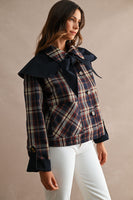MABLE Reversible Detachable Plaid Cape Scarf Button Down Jacket in Navy