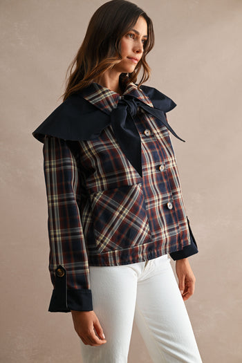 MABLE Reversible Detachable Plaid Cape Scarf Button Down Jacket in Navy