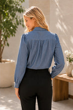 Load image into Gallery viewer, Sew in Love Long Sleeve Tie Neck Blouse With Puff Shoulder in Mid Denim
